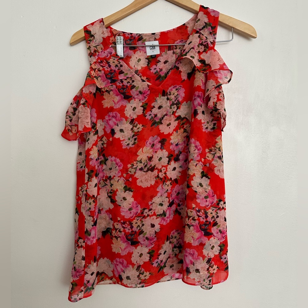 CAbi #5352 Lush Cold Shoulder Orange Floral Layered Top Tunic